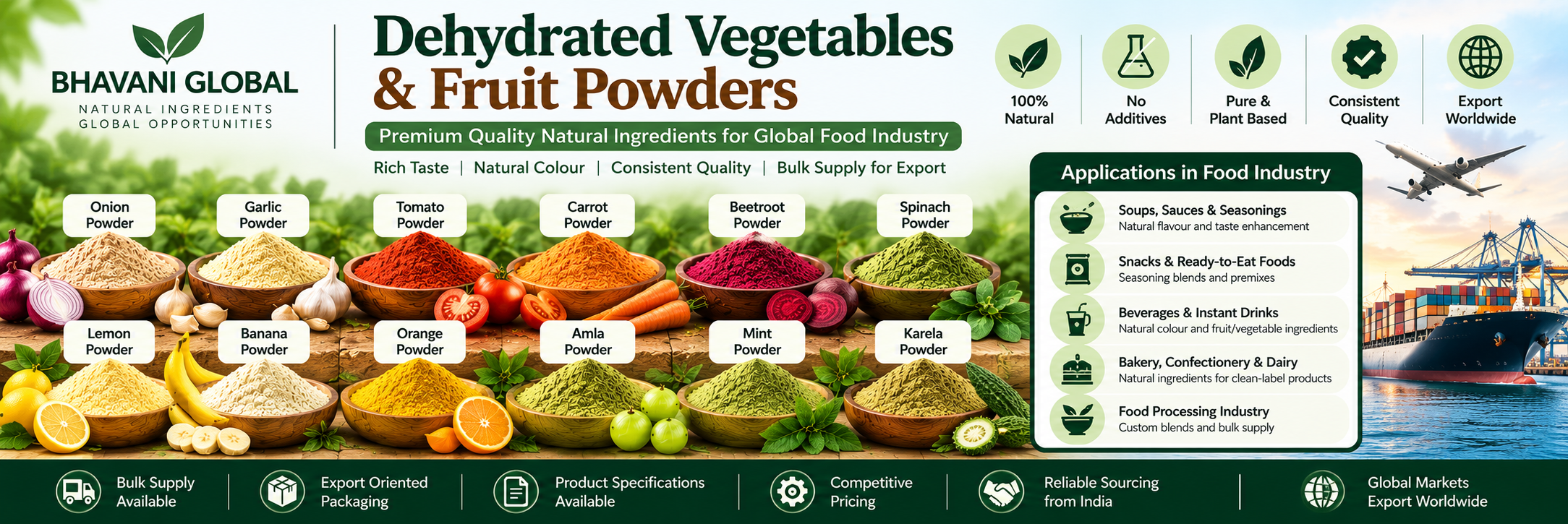 Bulk Dehydrated Vegetable & Fruit Powders from India | Food Processing Ingredients | Bhavani Global