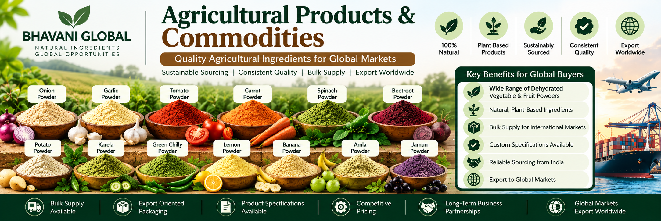 Indian Exporter of Dehydrated Vegetable & Fruit Powders | Bulk Agricultural Products | Bhavani Global